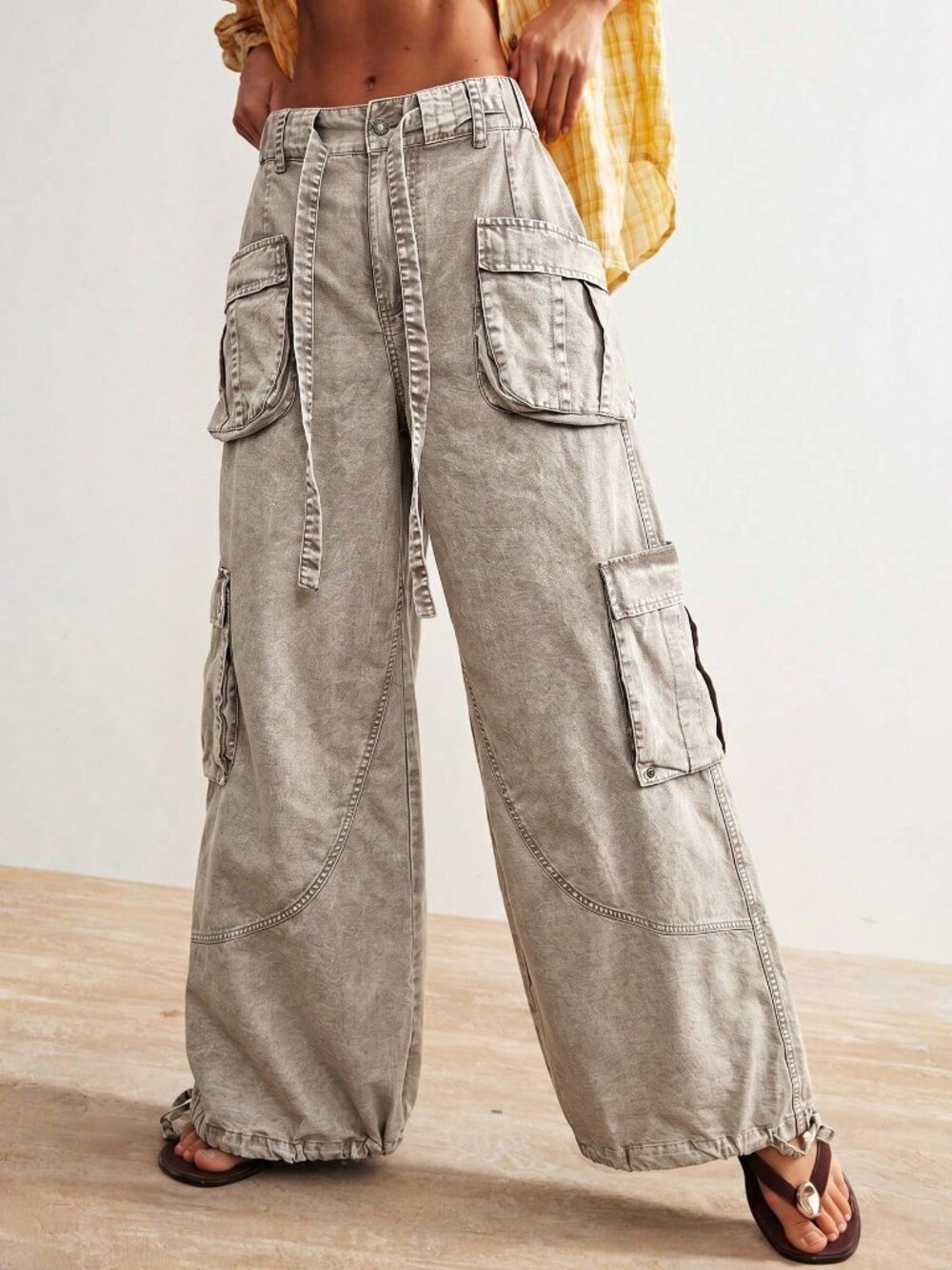 Apricot Casual Women's Woven Loose Cuffed Low Waist Loose Long Pants - Picture 9 of 10